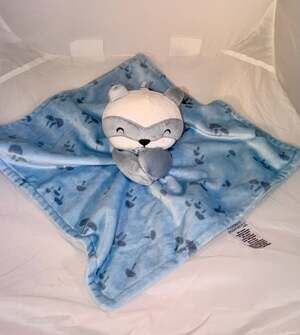 Modern Moments Blue Raccoon Lovey Mushroom Print Plush Blanket Soft Gerber 12"